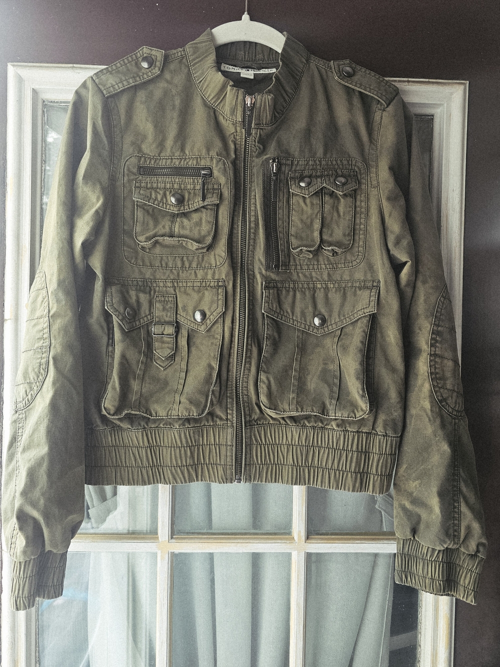 Vintage Tommy Hilfiger Utility Jacket Olive Green Military Cargo Bomber - Size M